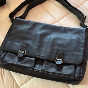 Black Leather Messenger Bag with Buckle Detail